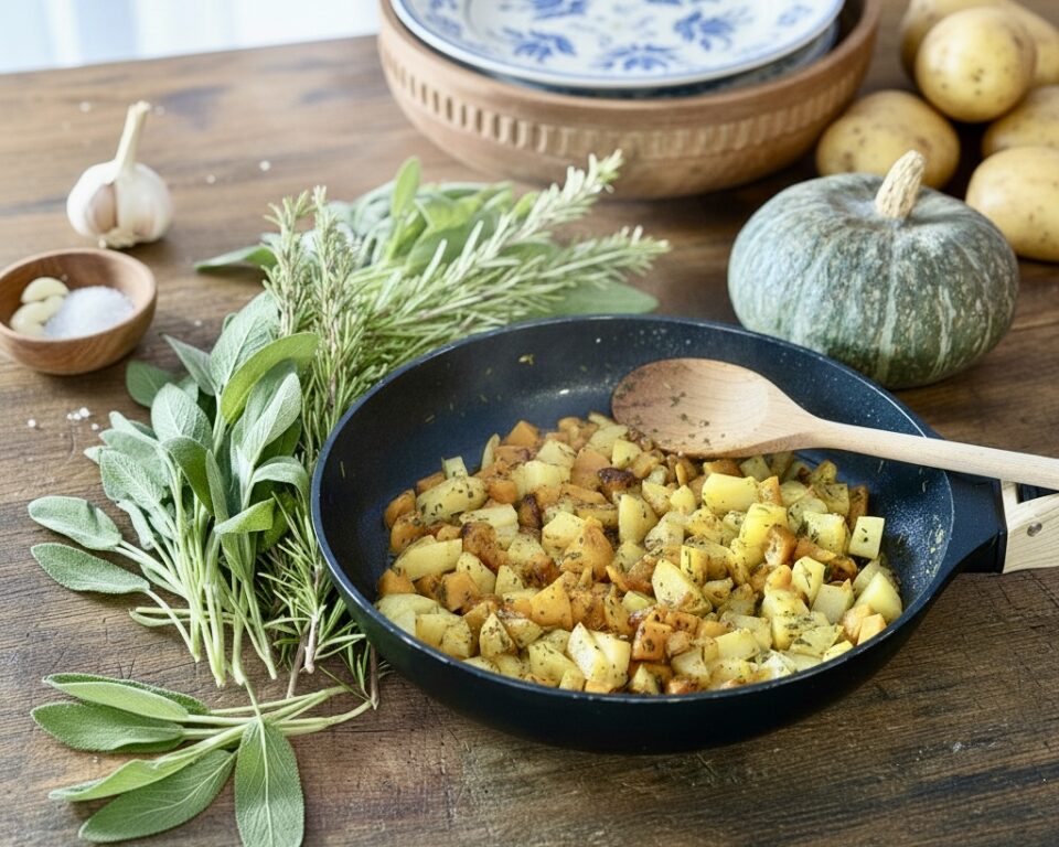 Zucca e patate in padella con erbe aromatiche liguri – contorno semplice e profumato