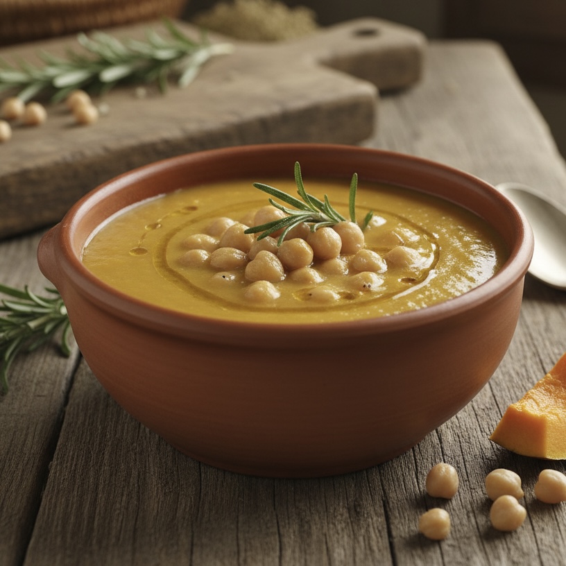 Zuppa cremosa di zucca e ceci alla ligure: comfort food d’autunno con olio buono e rosmarino