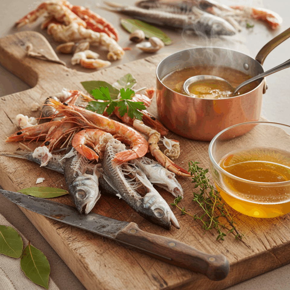 Fumetto di pesce fatto in casa: brodo leggero e saporito con lische, crostacei e scarti del mare