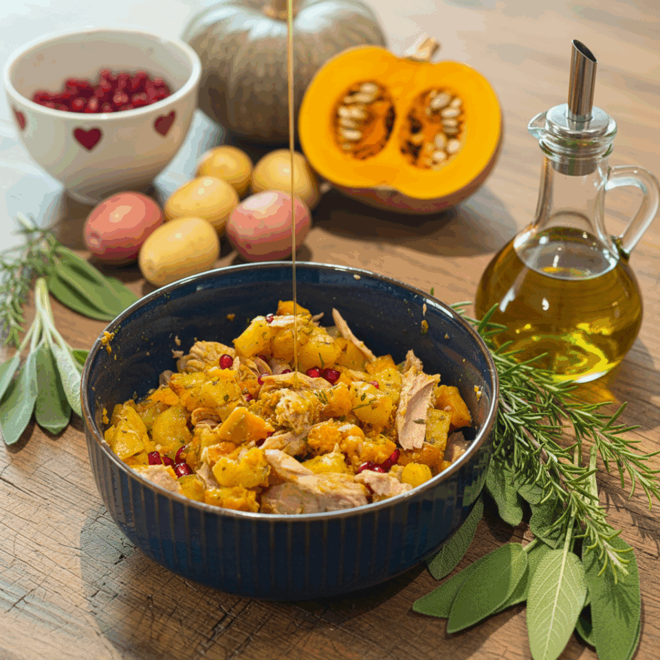 Insalata tiepida d'autunno con patate, zucca, tonno ed erbe aromatiche