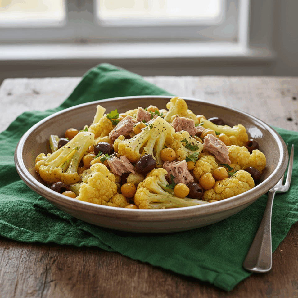 Insalata tiepida di cavolfiore, ceci, tonno e olive taggiasche