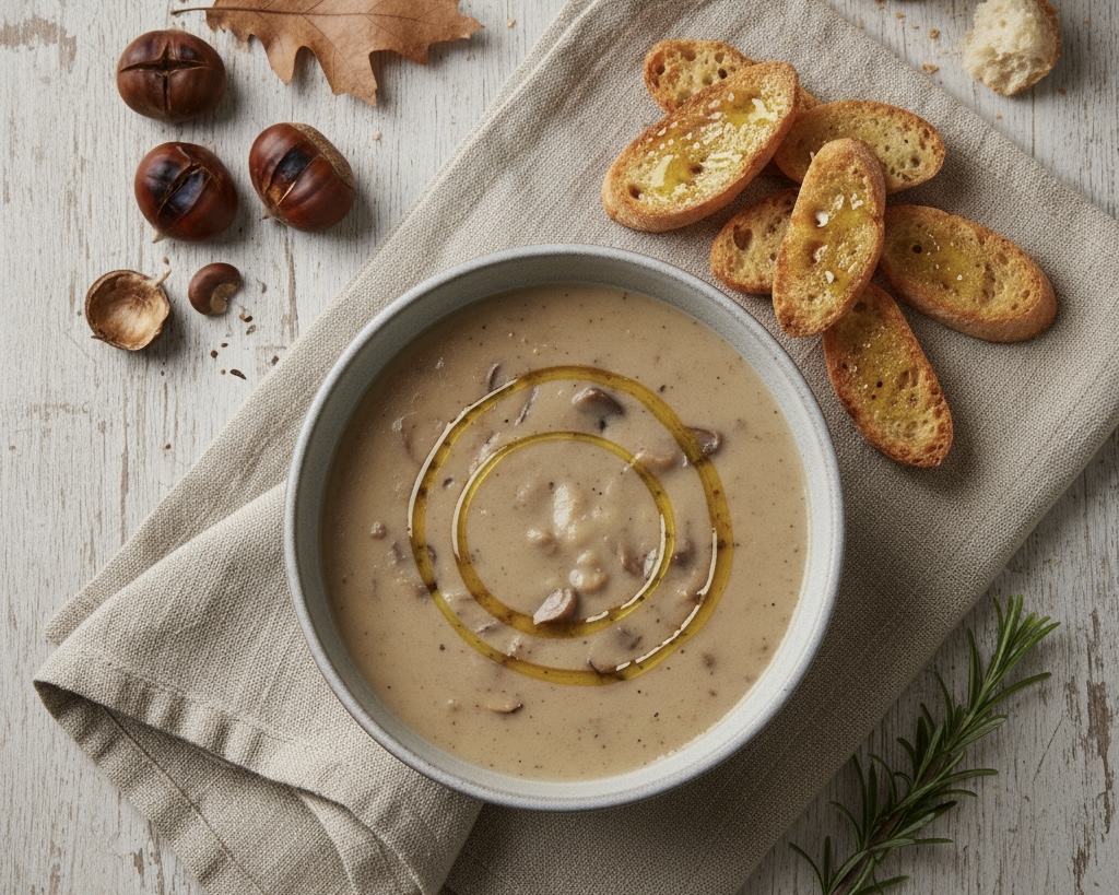 Zuppa di castagne e funghi con crostini all’olio ligure