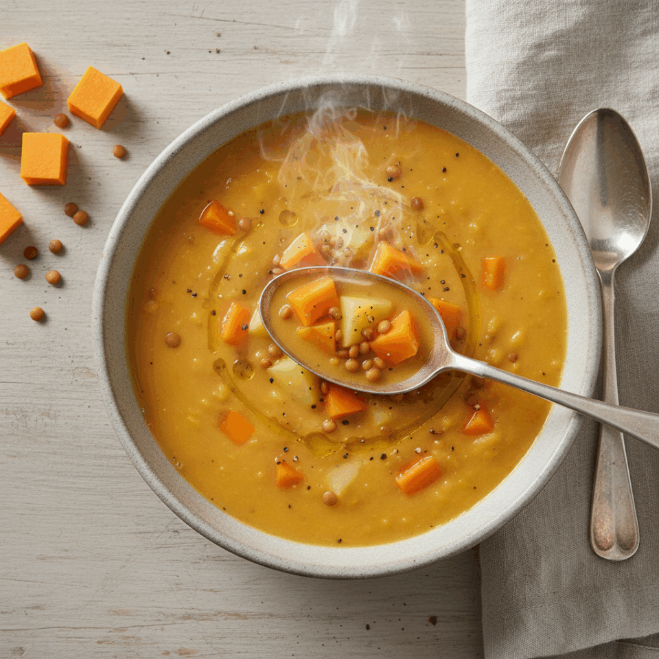 Zuppa di patate zucca e lenticchie 