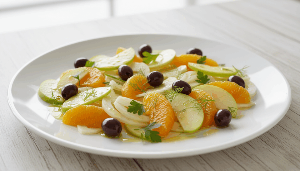 Insalata di finocchi, mele, arance e olive taggiasche: una ricetta ligure fresca e leggera che “derscidia” il palato, ideale dopo i pasti abbondanti.