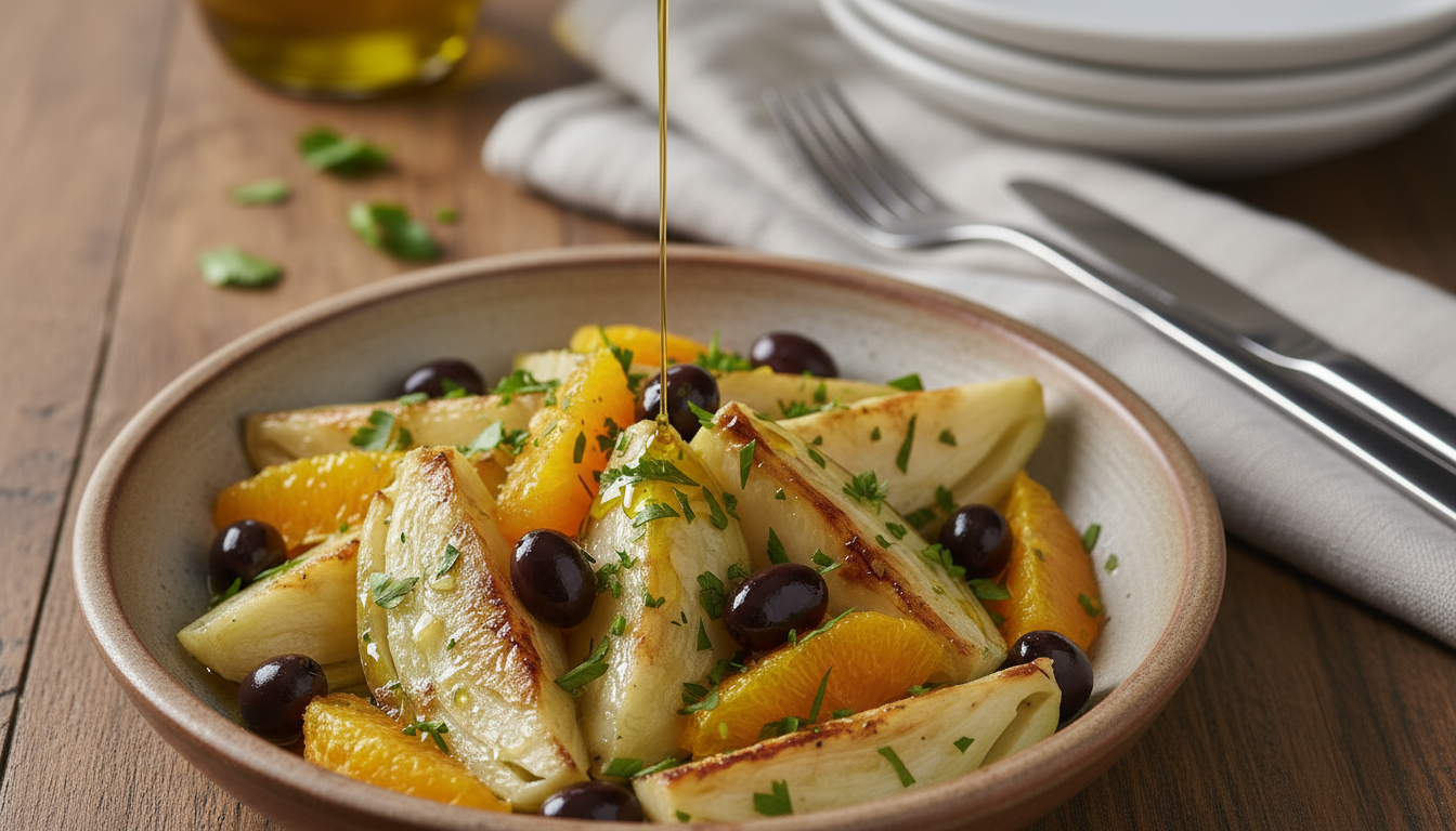 Insalata tiepida di finocchi, arance, olive taggiasche e acciughe