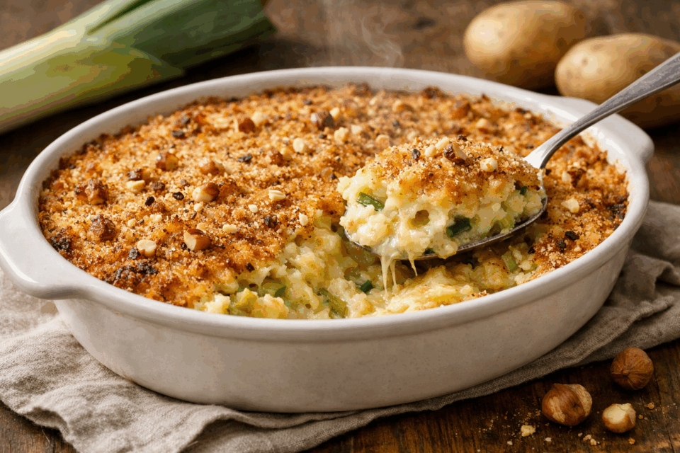 Gateau di patate invernale con porri e formaggio