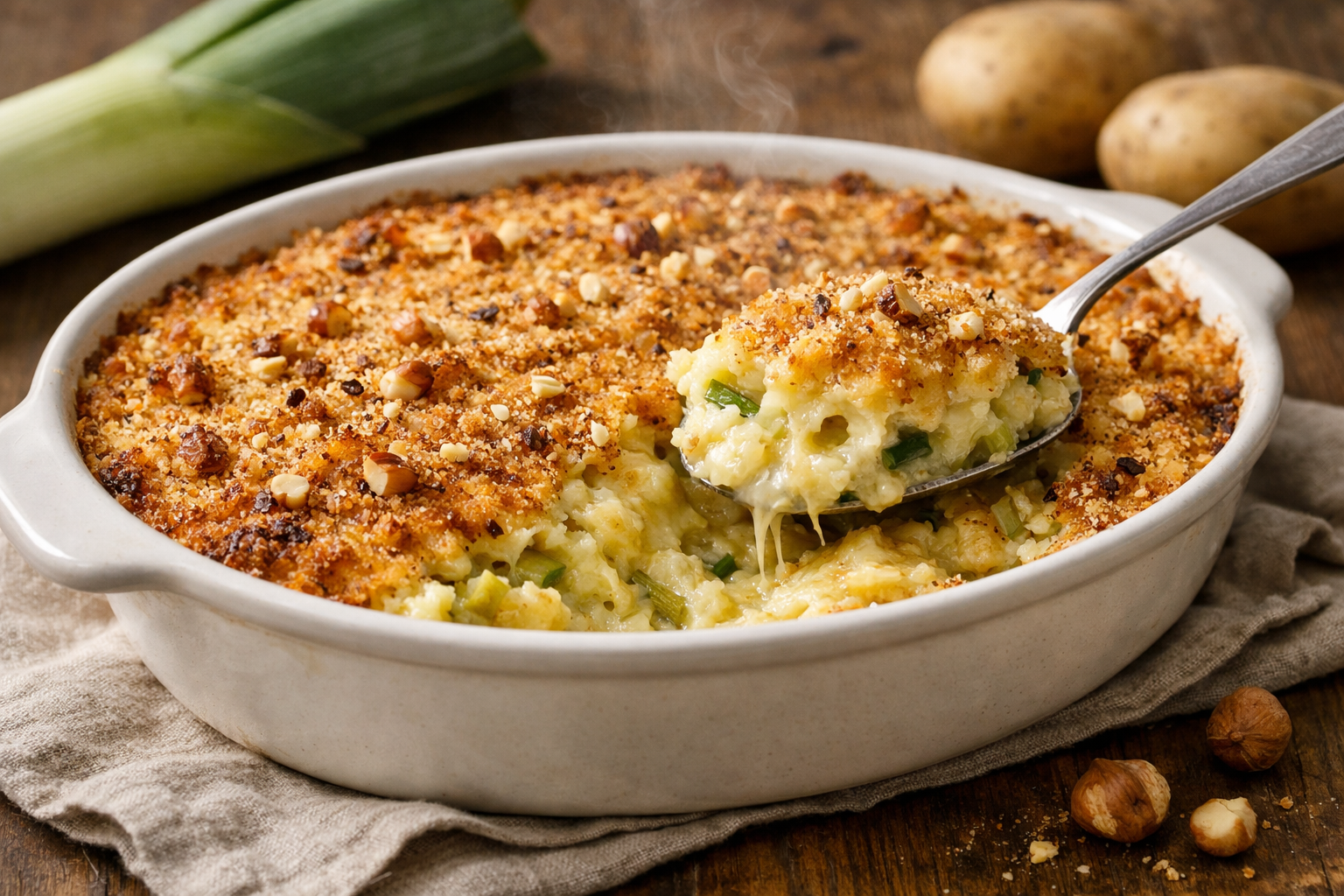 Gateau di patate invernale con porri e formaggio