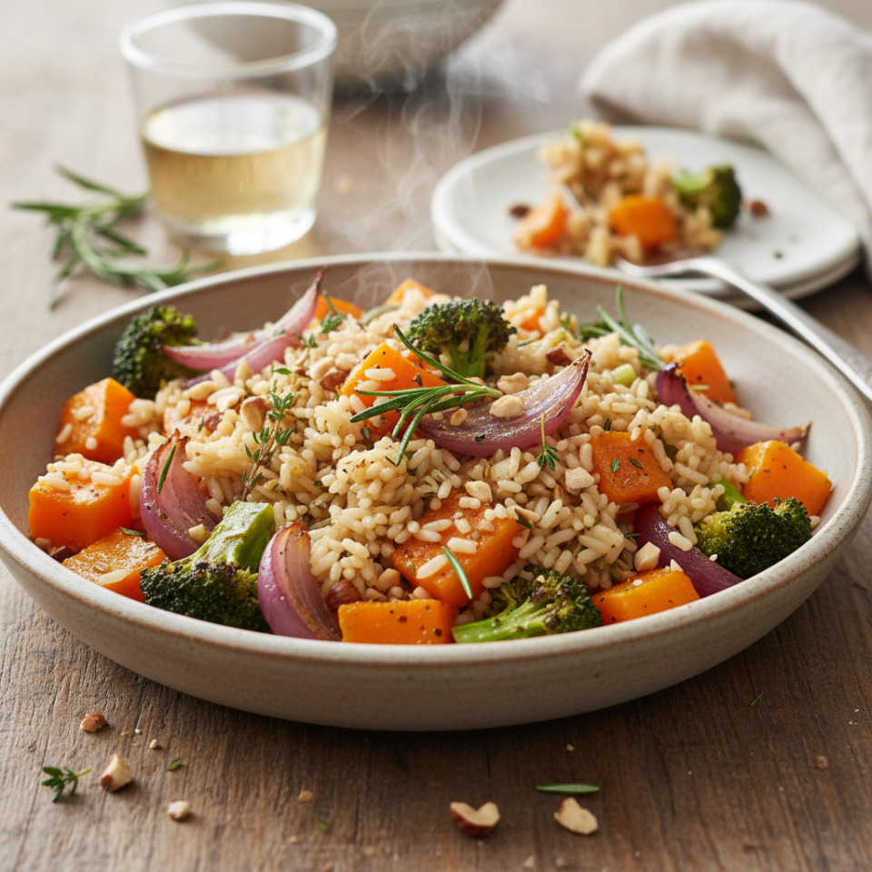 Insalata di riso tiepida invernale con verdure arrosto