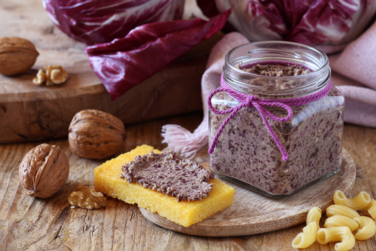 Pesto di radicchio trevigiano e noci, salsa invernale dal gusto deciso, perfetta per pasta, polenta e crostini