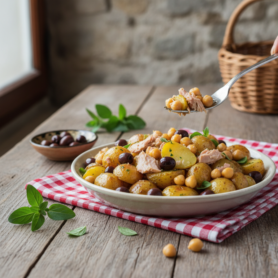 Insalata tiepida di patate con ceci, olive taggiasche e maggiorana