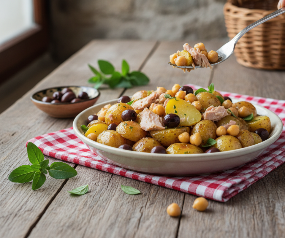 Insalata tiepida di patate con ceci, olive taggiasche e maggiorana
