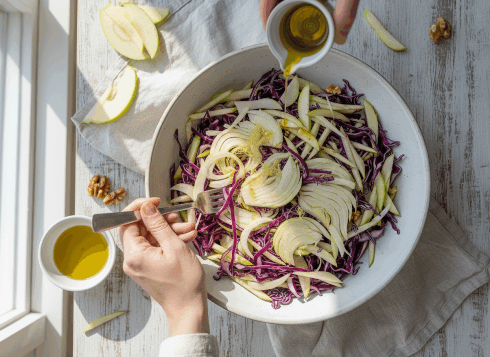 Insalata croccante di cavolo viola, finocchi e mele con noci – fresca, sana e pronta in 10 minuti