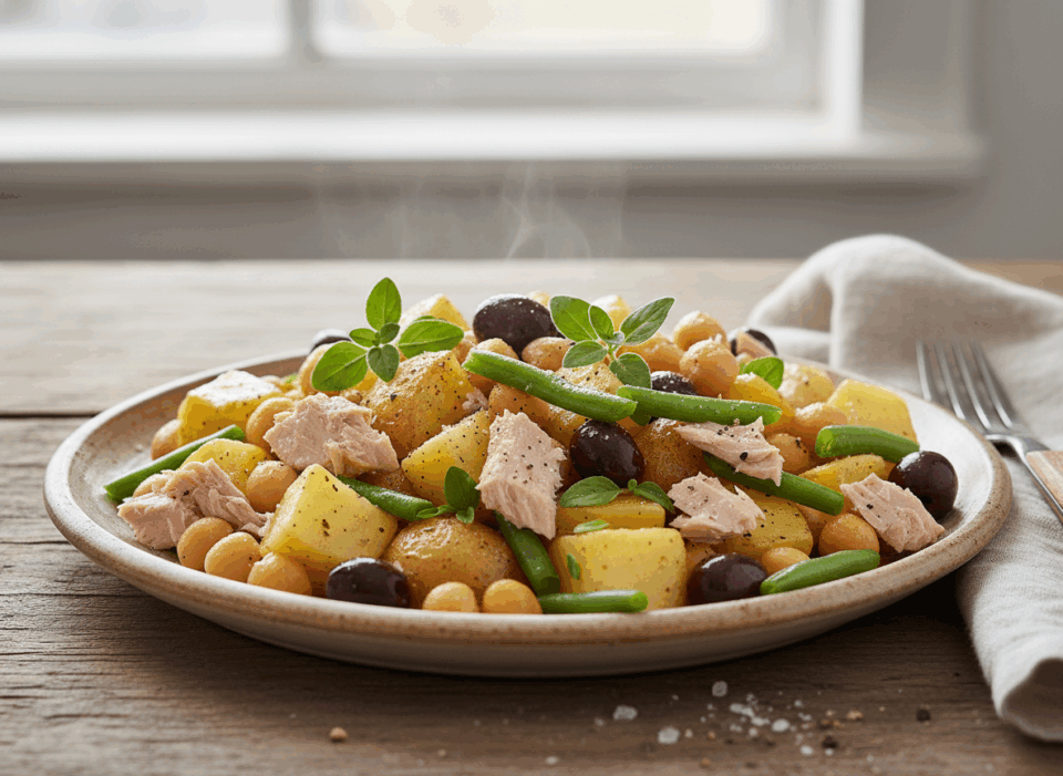Insalata di patate, ceci, fagiolini e tonno