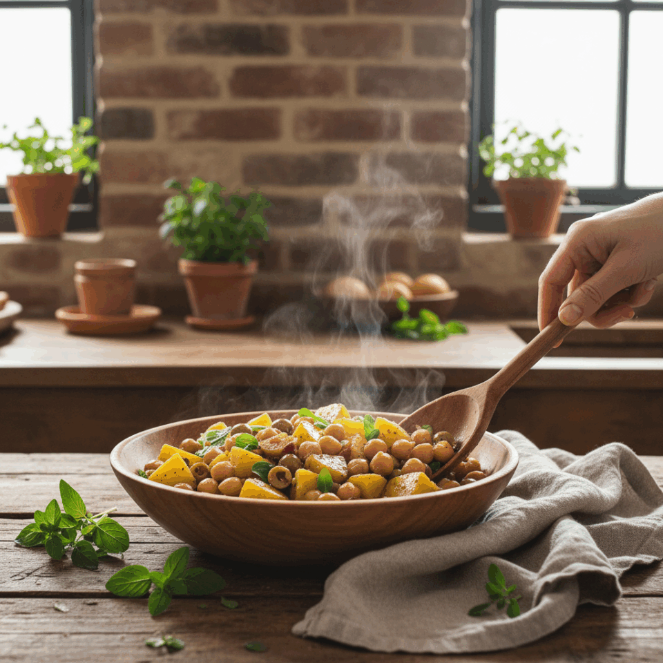 Insalata tiepida di patate con ceci, olive taggiasche e maggiorana
