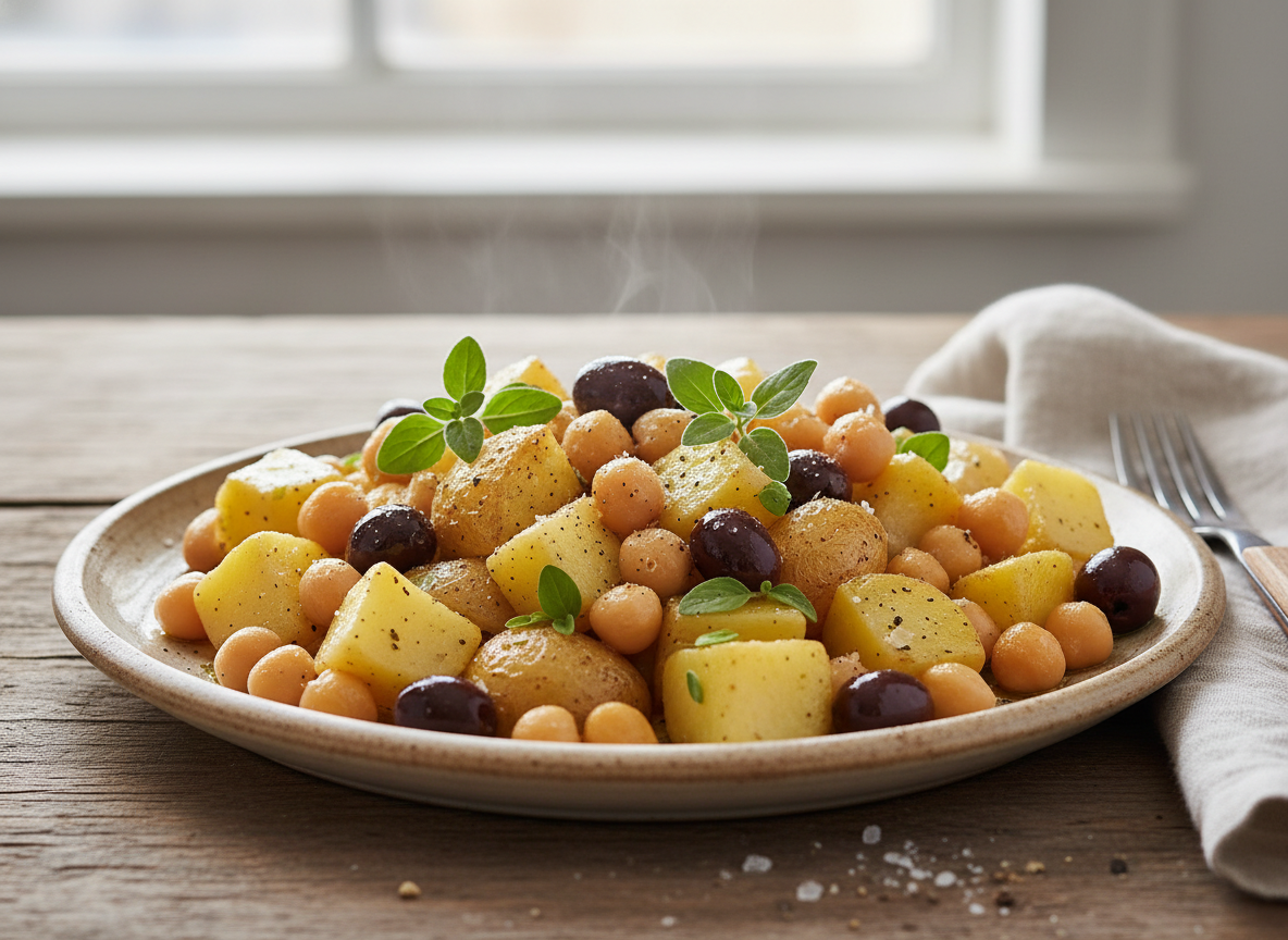 Insalata tiepida di patate con ceci, olive taggiasche e maggiorana