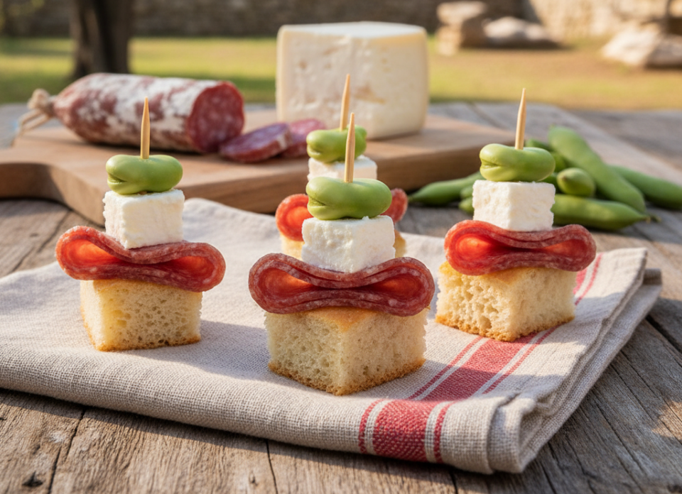 Spiedini genovesi con fave, salame e sardo fresco: antipasto ligure facile e originale