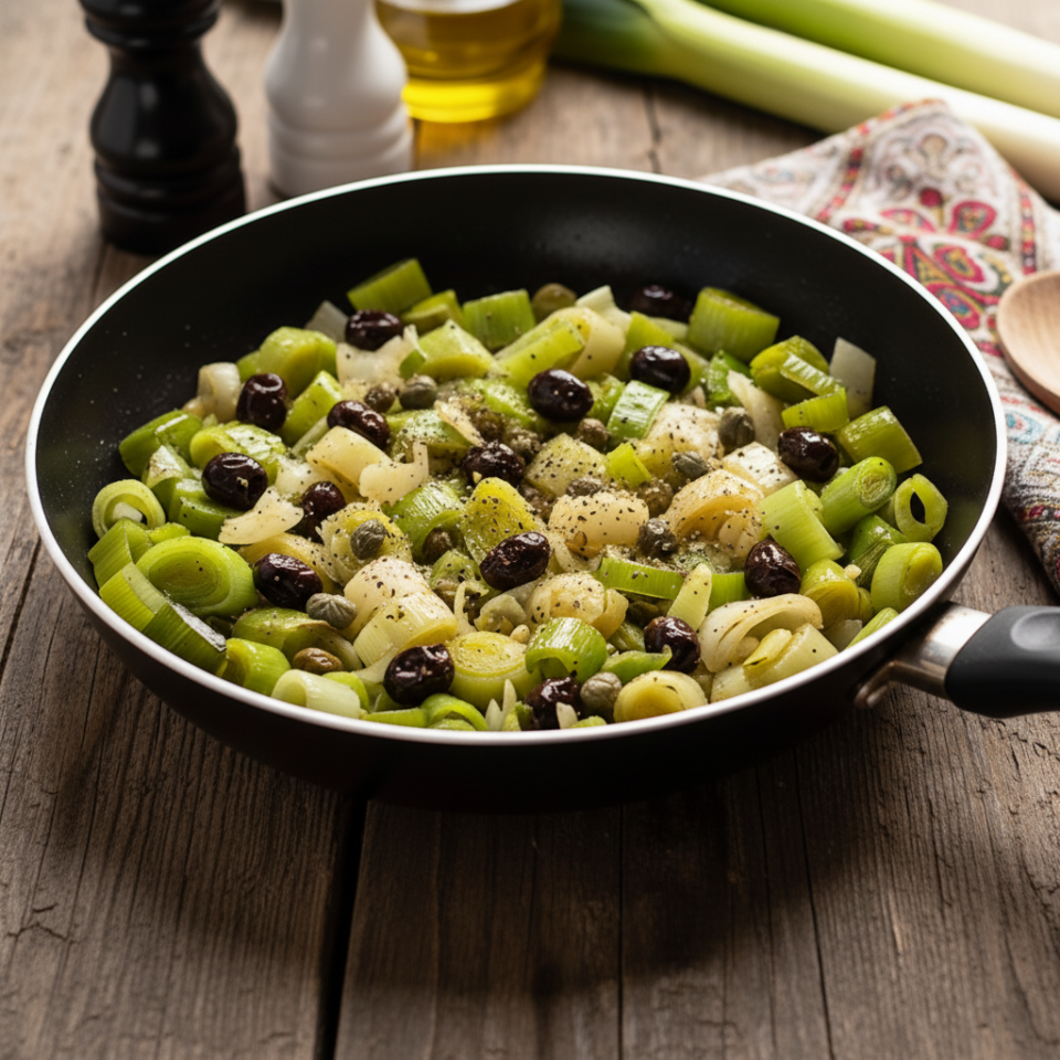 Porri in padella profumati con olive taggiasche: contorno semplice e veloce