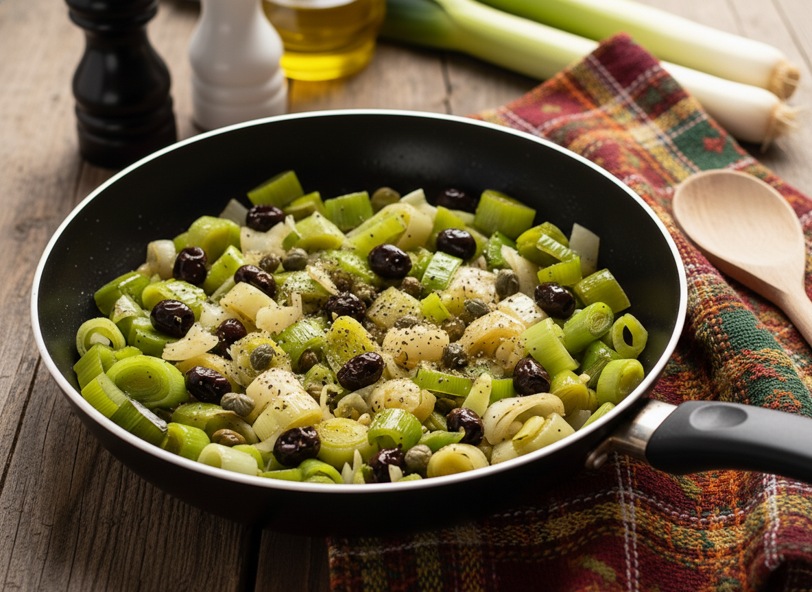 Porri in padella profumati con olive taggiasche: contorno semplice e veloce