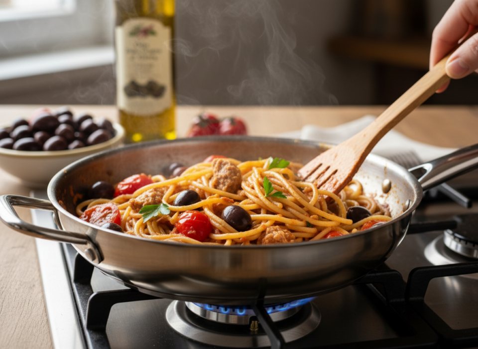 Spaghetti alla sanremese: il primo ligure veloce con tonno, acciughe e olive taggiasche