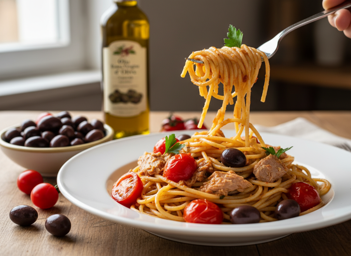 Spaghetti alla sanremese: il primo ligure veloce con tonno, acciughe e olive taggiasche
