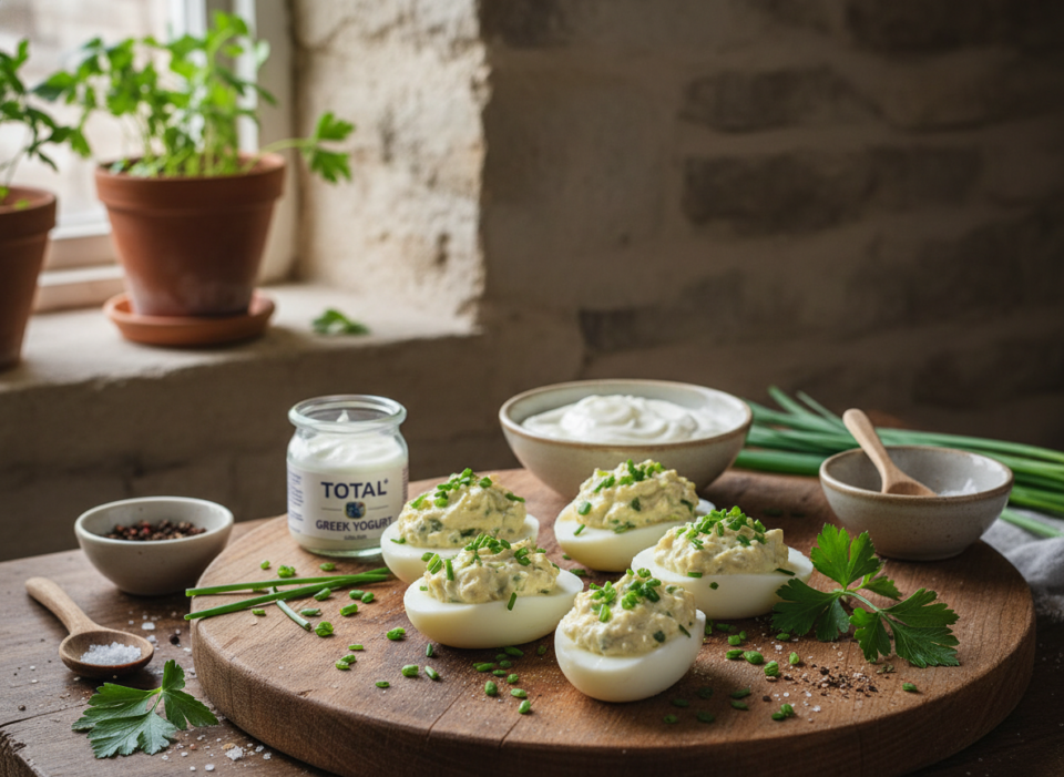 Uova ripiene yogurt ed erbe aromatiche