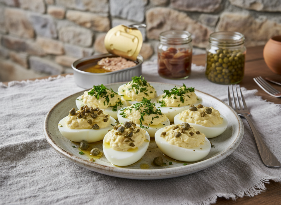 Uova ripiene tonno, acciughe e capperi