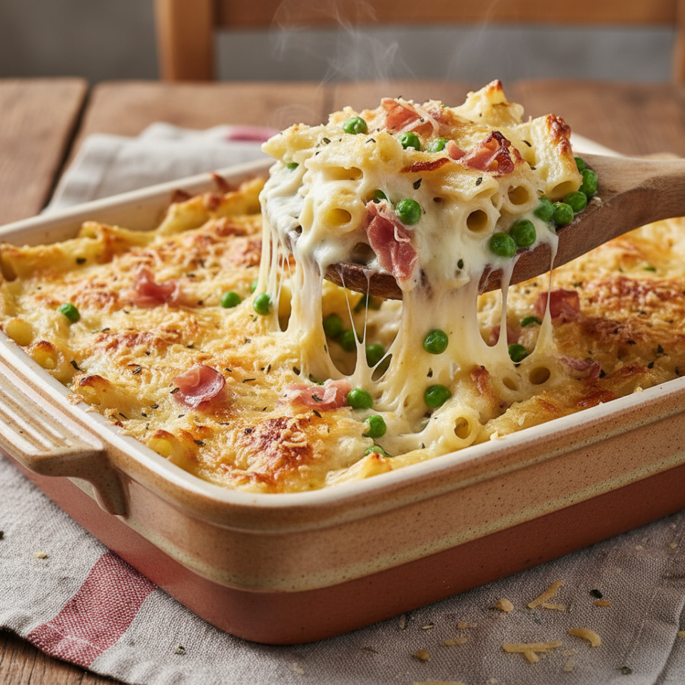 Pasta al forno bianca con fontina, piselli e prosciutto: cremosa e filante