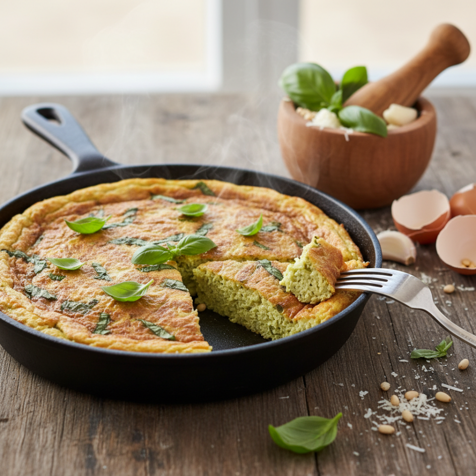 Frittata al pesto soffice e veloce: ricetta facile pronta in 10 minuti