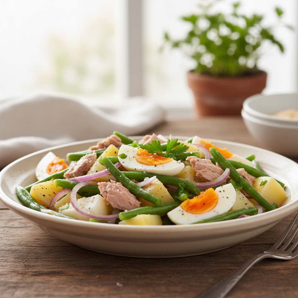 Un piatto a cui non si pensa mai… e invece è perfetto: l’insalata di patate, fagiolini, tonno e uova