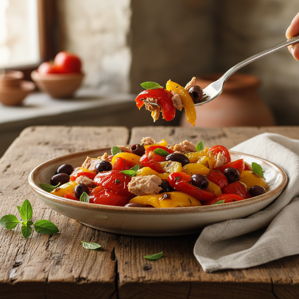 Peperoni arrostiti alla ligure con tonno: l’insalata ricca e saporita che è ancora più buona il giorno dopo