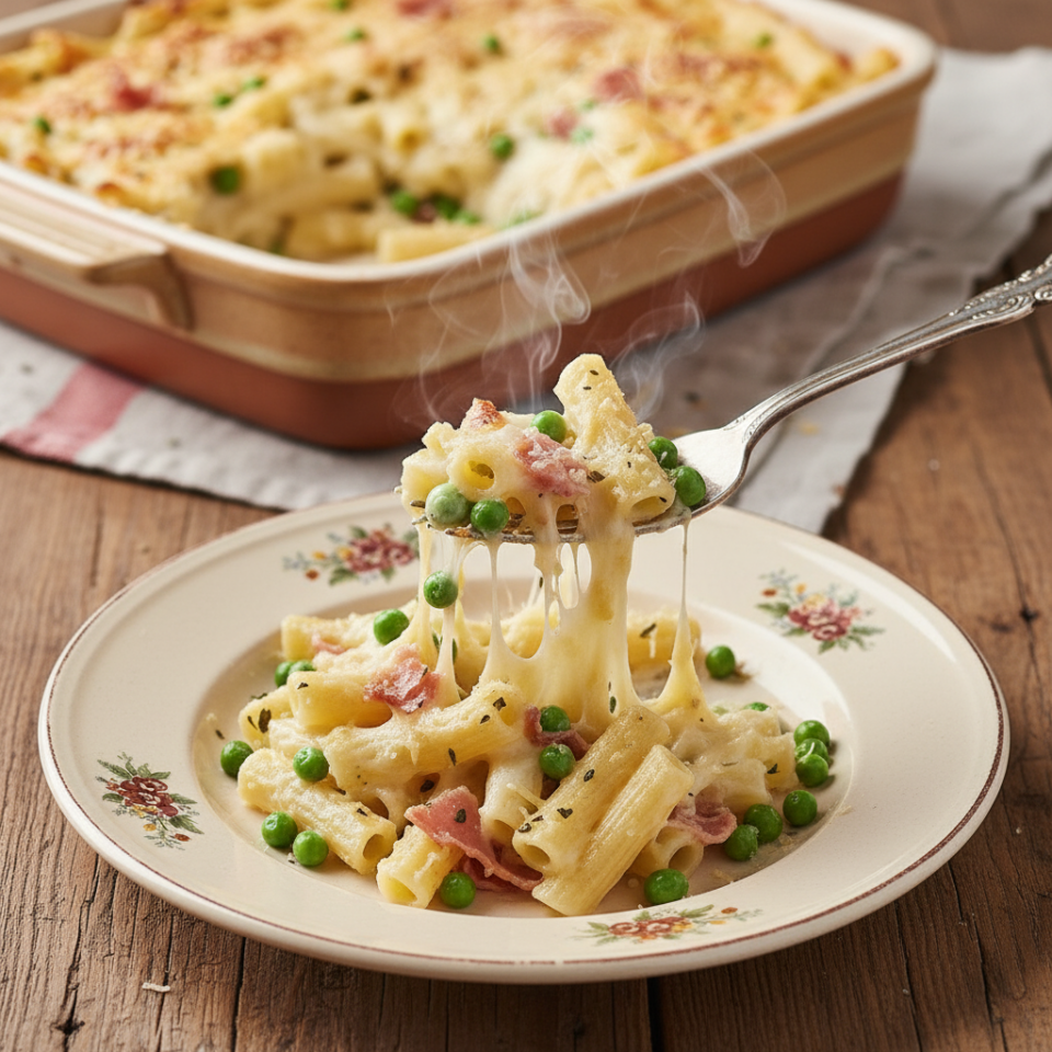 Pasta al forno bianca con fontina, piselli e prosciutto: cremosa e filante