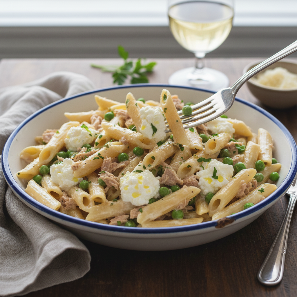 Pasta con piselli e tonno cremosa, veloce e pronta in 15 minuti.