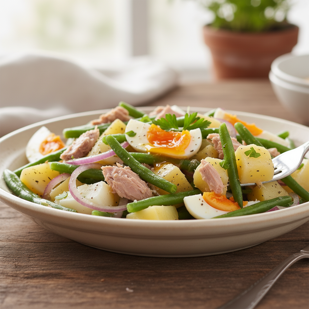 Insalata di patate, fagiolini, tonno e uova: piatto unico facile e completo