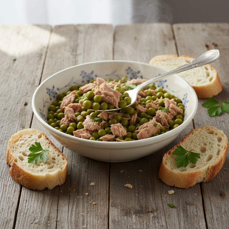 Piselli e tonno nel piatto