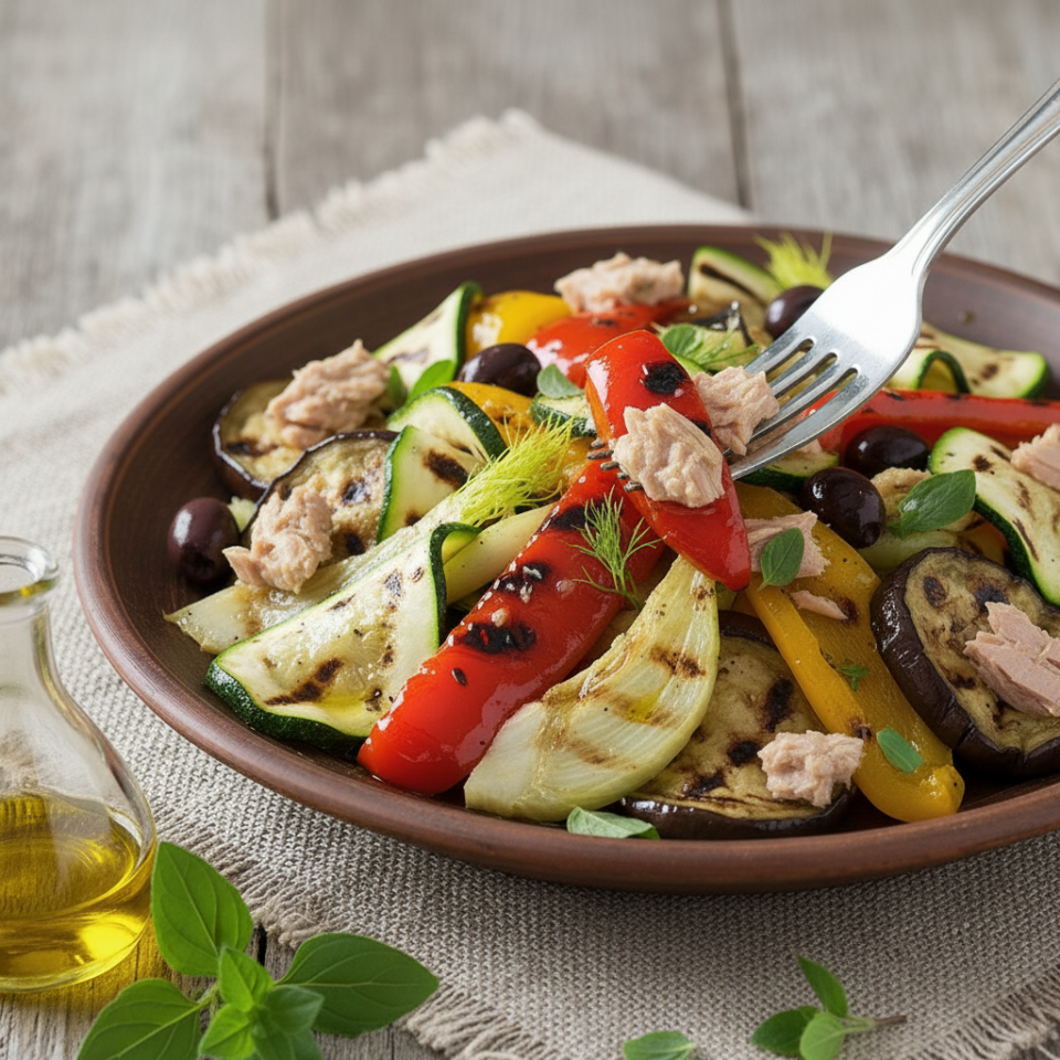 Insalata di verdure grigliate con tonno e olive: il piatto semplice e saporito che si prepara in anticipo