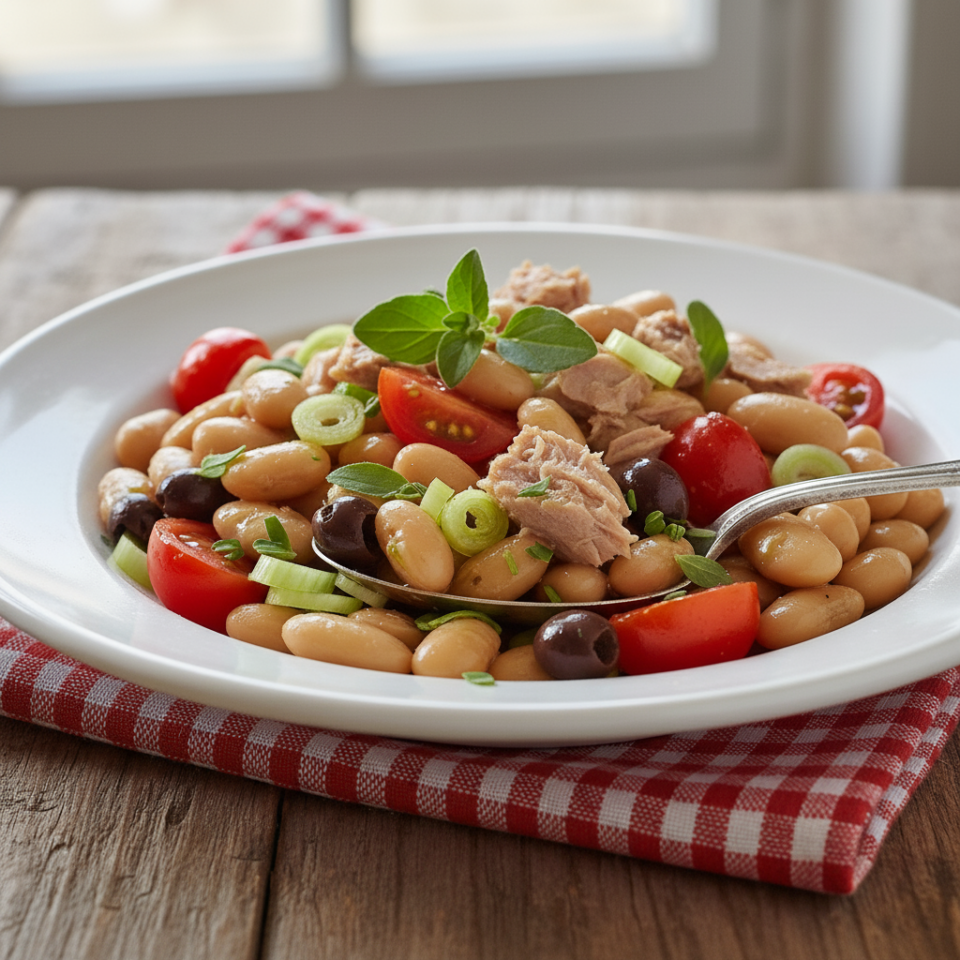 Insalata di tonno e fagioli con olive taggiasche