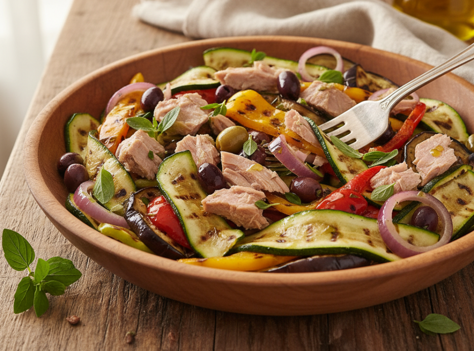 Insalata di verdure grigliate con tonno e olive: il piatto semplice e saporito che si prepara in anticipo