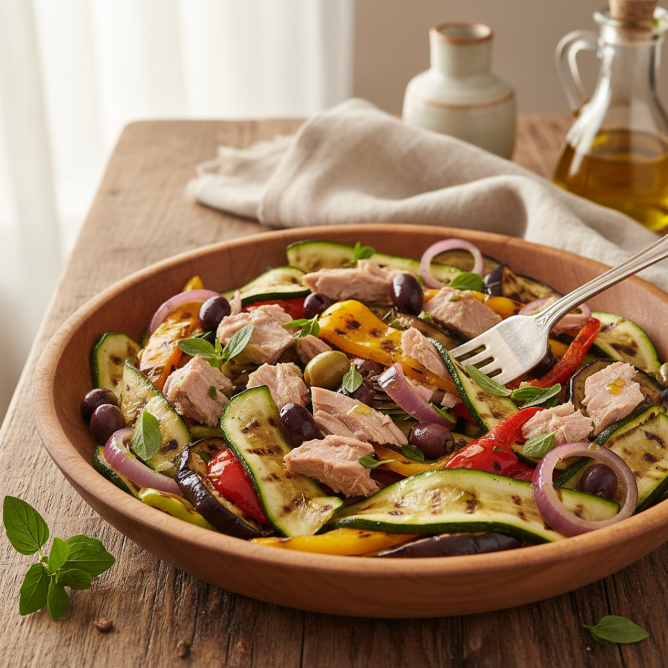 Insalata di verdure grigliate con tonno e olive: il piatto semplice e saporito che si prepara in anticipo