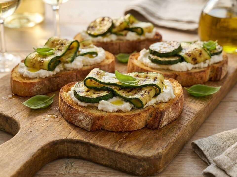 Bruschette con zucchine grigliate e robiola: una ricetta facile, cremosa e veloce, perfetta per aperitivi, antipasti e cene leggere di stagione.