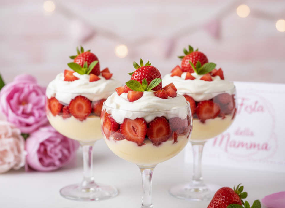 Coppe crema, panna e fragole