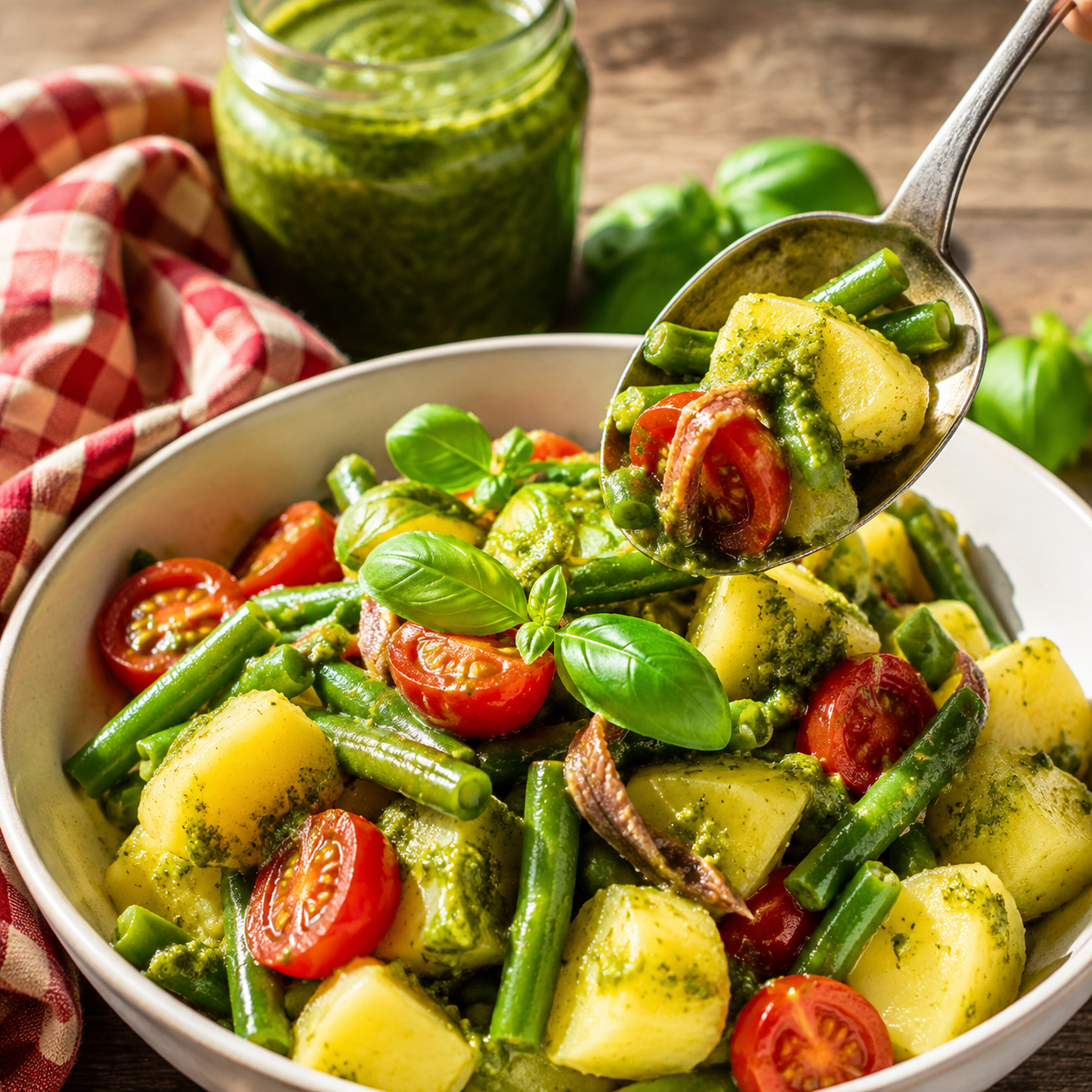 Insalata ligure con patate, fagiolini e pesto: il piatto unico fresco e saporito