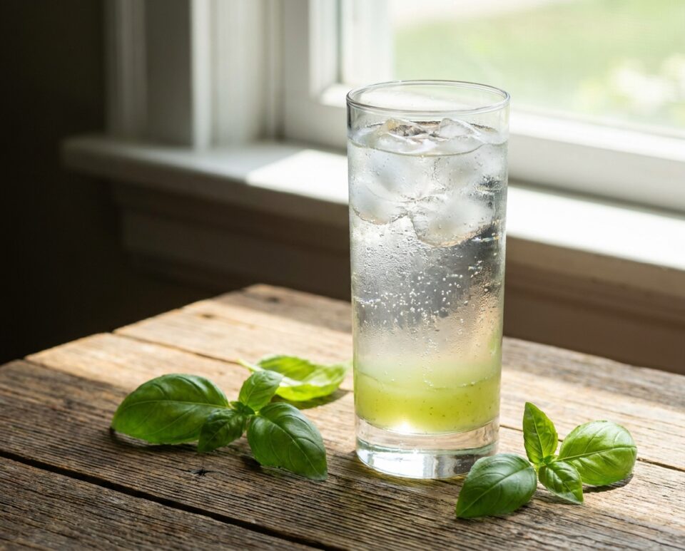 Sciroppo al basilico, diluito in acqua naturale o frizzante