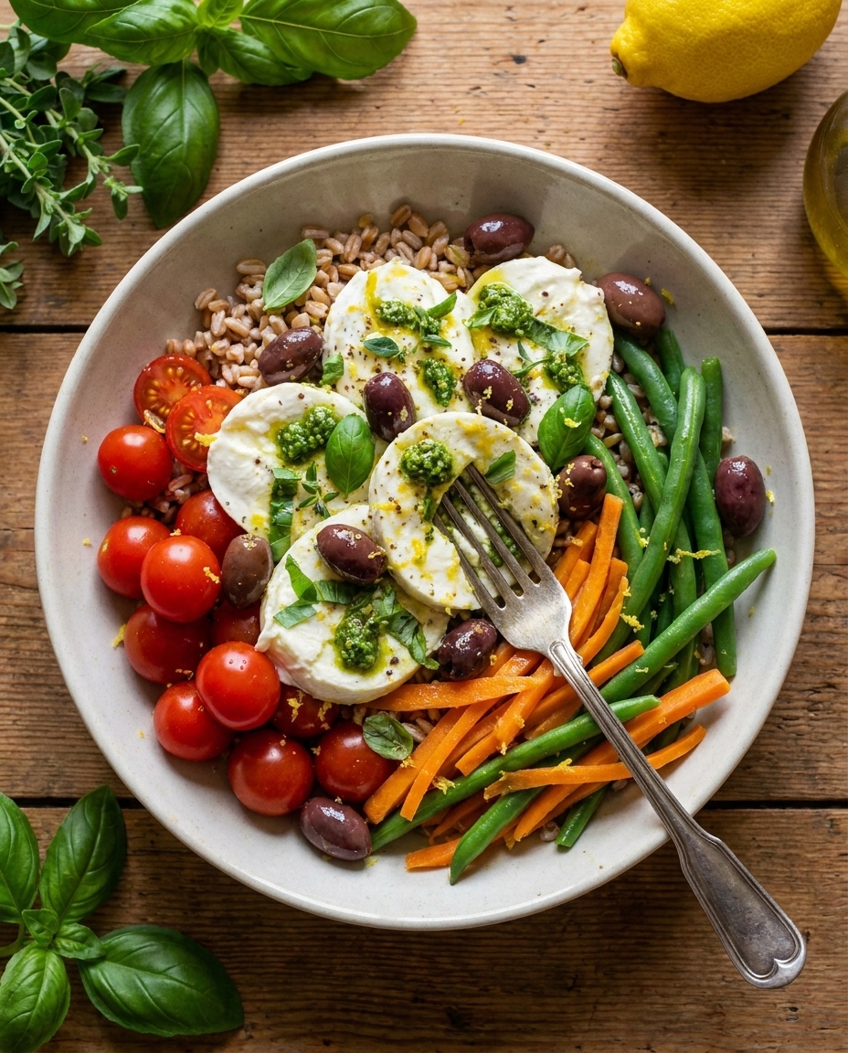 Bowl ligure con mozzarella marinata, farro e verdure croccanti: pranzo estivo completo