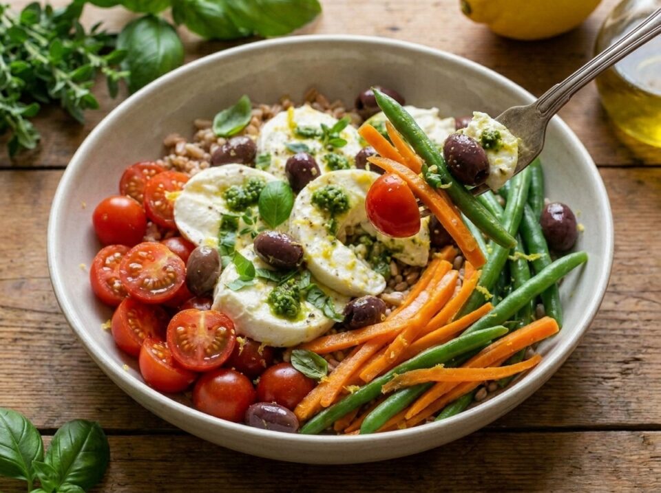Bowl ligure con mozzarella marinata, farro e verdure croccanti: pranzo estivo completo