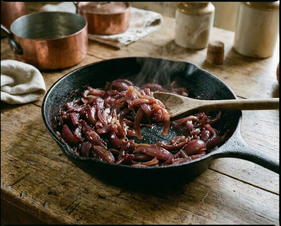 Cipolle rosse caramellate in padella, facili, veloci e perfette con formaggi, carne e salumi