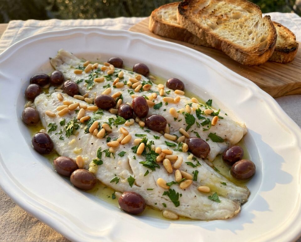 Filetti di pesce alla ligure in bianco con olive taggiasche, pinoli e vino bianco: la ricetta estiva facile e veloce