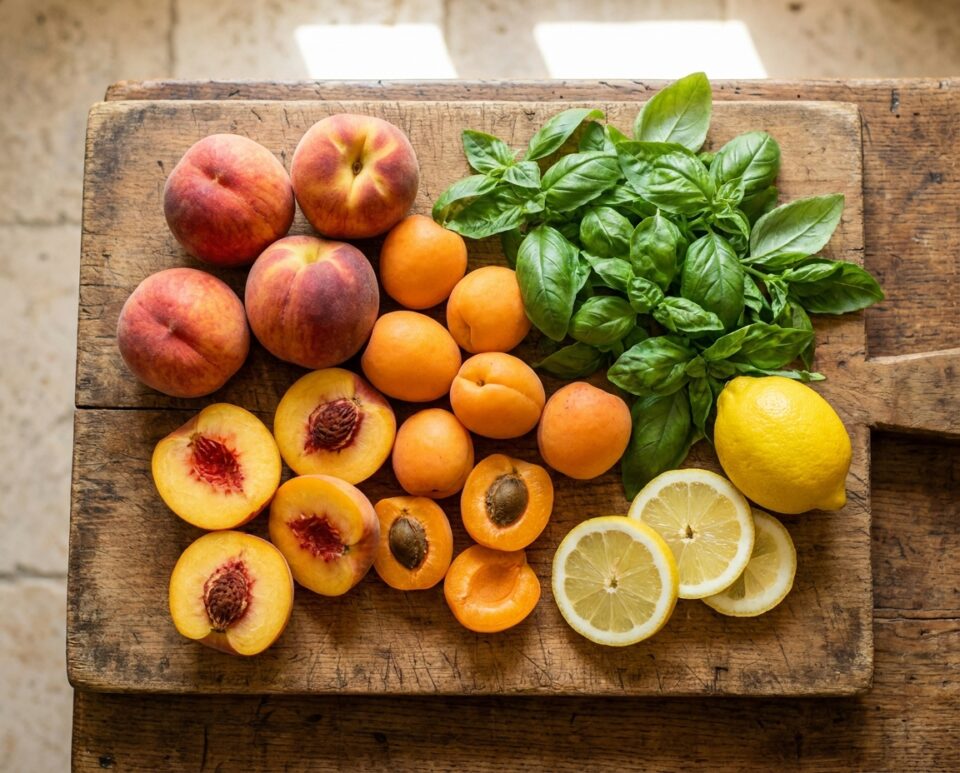 Ingredienti per la macedonia di pesche e albicocche profumata al basilico