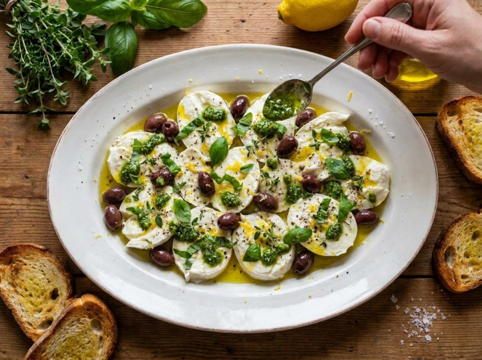 Mozzarella marinata con pesto