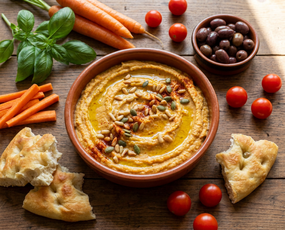 Hummus di ceci e carote: la crema colorata e leggera perfetta per aperitivi, crostini e verdure crude