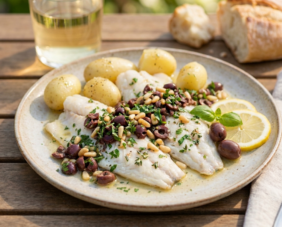Il pesce in bianco servito con patate